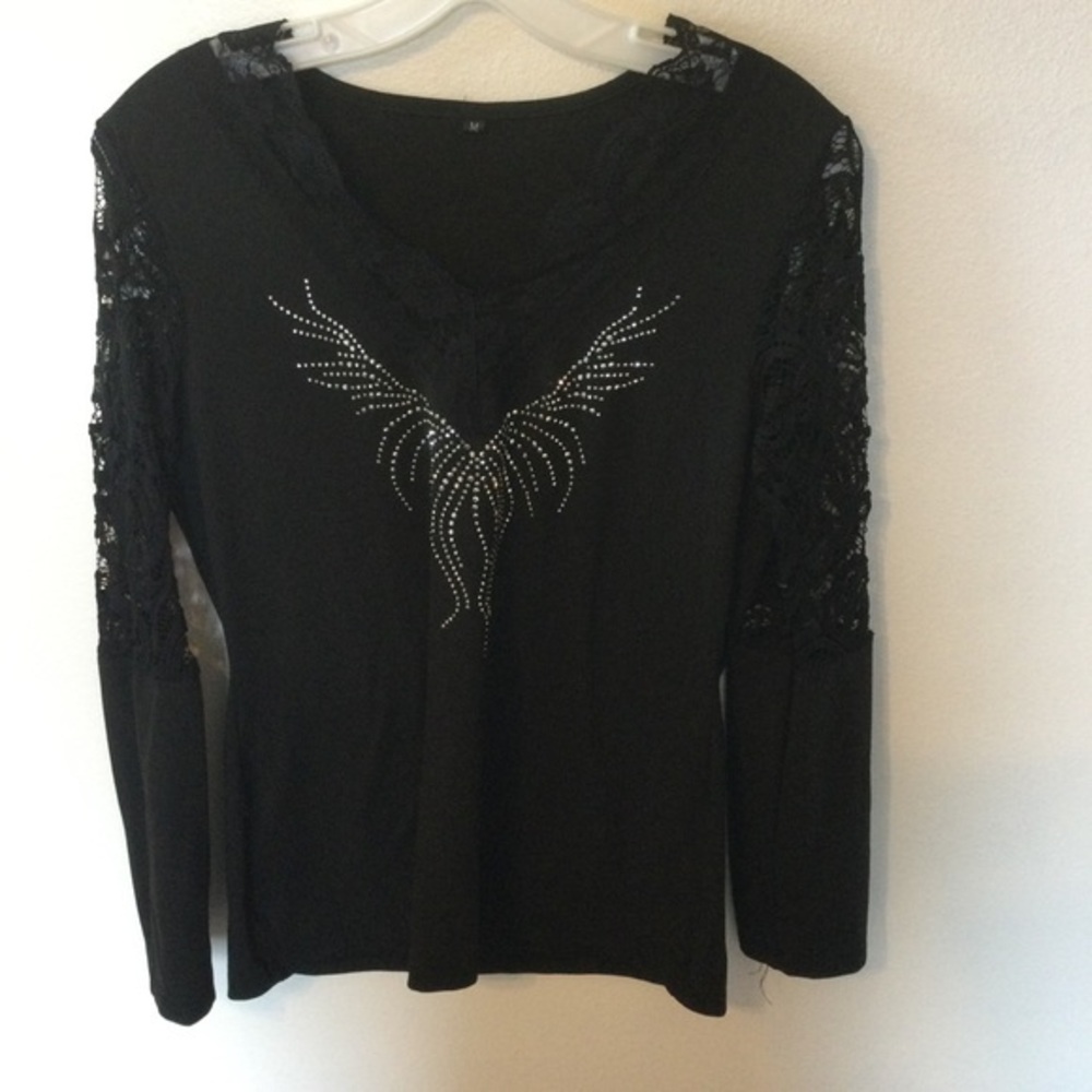 Elegant Black Lace Sleeve Rivet Chic BOHO Top Size Medium